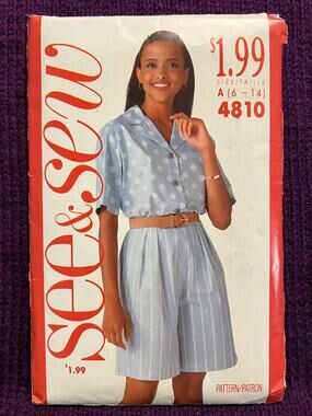 Butterick Sewing pattern 4810 button down shirt shorts size 6-12